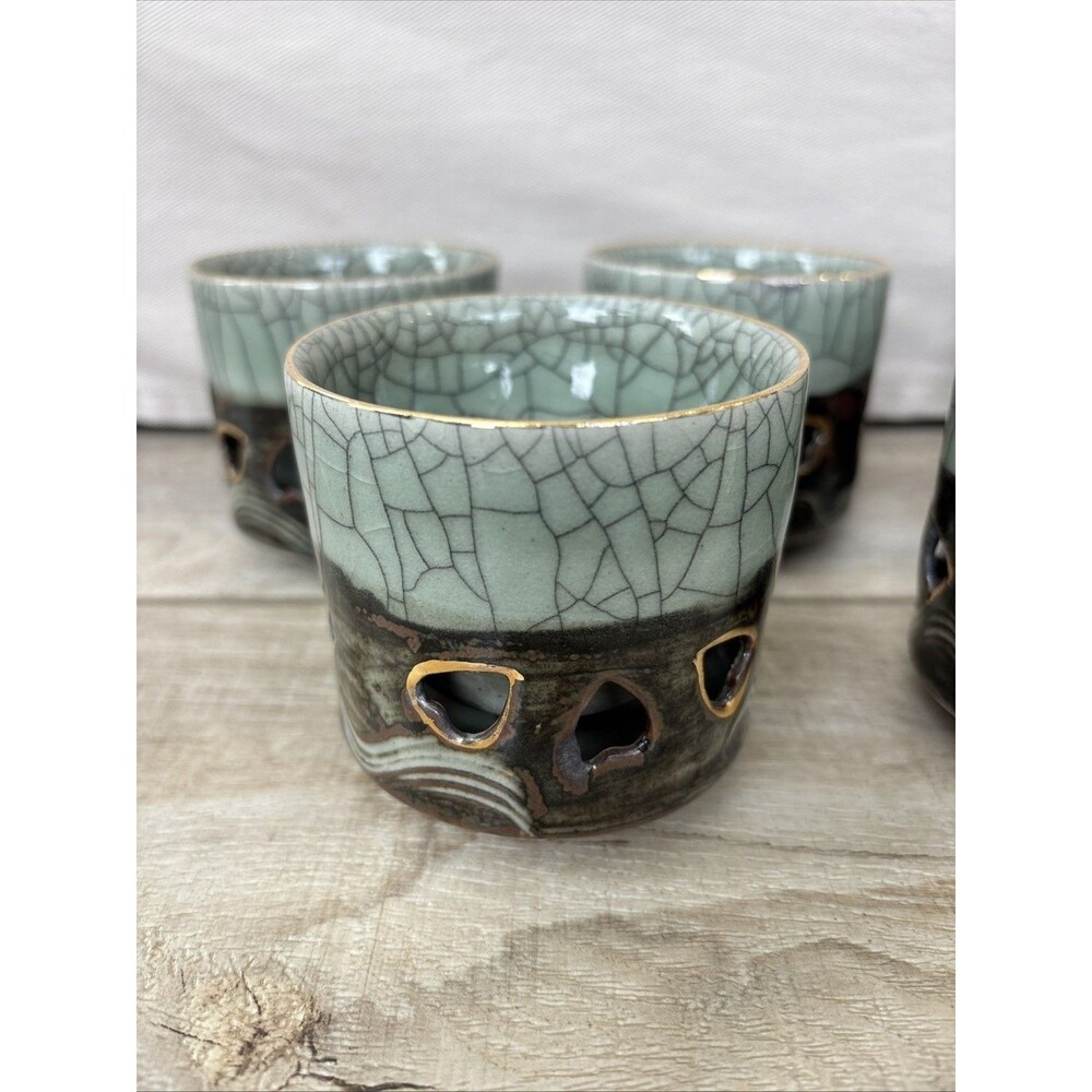 Vintage Somayaki Soma Ware Japan Double Wall Hearts Tea Cups Gold Horse Set of 7 - Picture 7 of 15